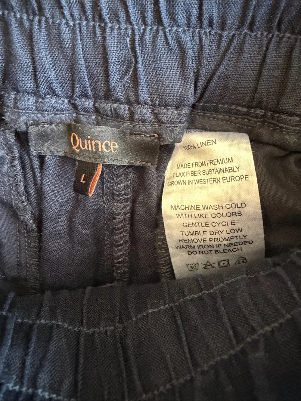 Quince 100% European Linen Wide Leg Pants Blue Relaxed Trousers Large Drawstring